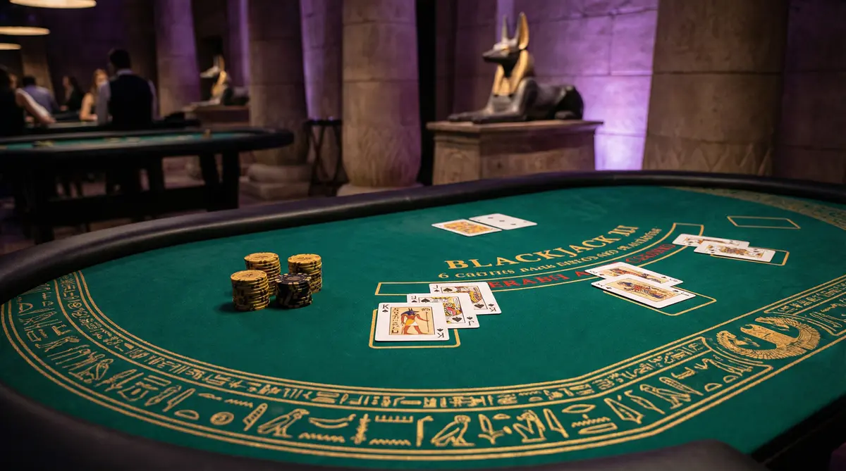 Mesa de blackjack com decoração egípcia no pixbet